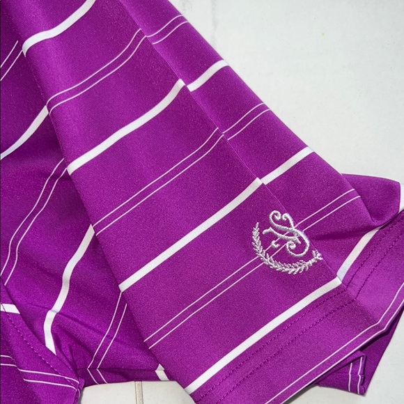 Footjoy Bright Violet Golf Striped Polo Short Sleeve 3 Button Collar Size M - Picture 5 of 5